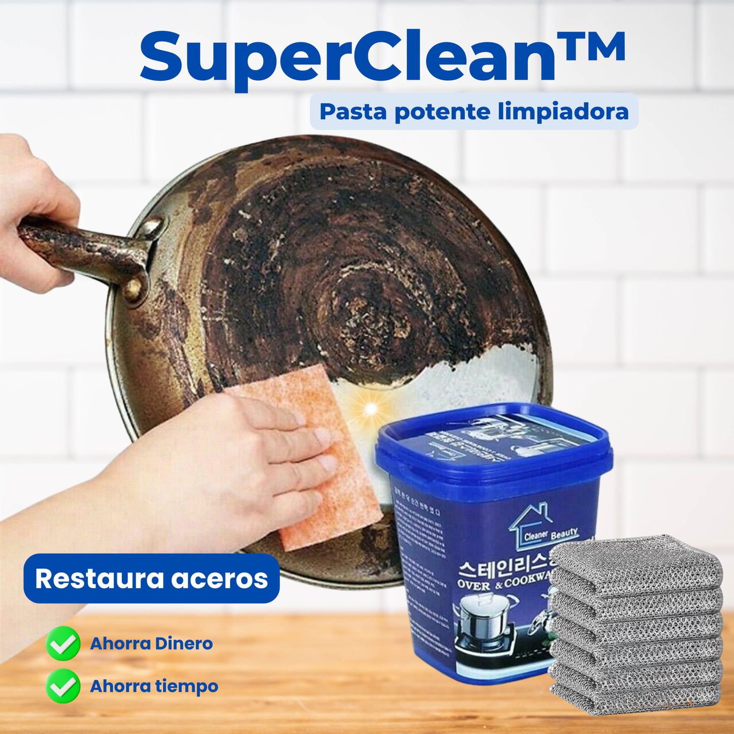 SuperClean™ Limpiador Potente en Pasta + Set de paños antirayaduras, Recupera el acero en 3 minutos